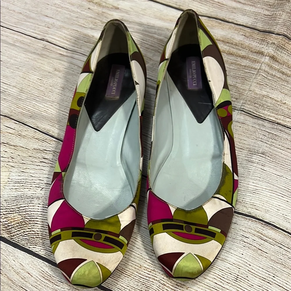 Emilio Pucci Pink and Green Geometric Flats - Picture 1 of 6